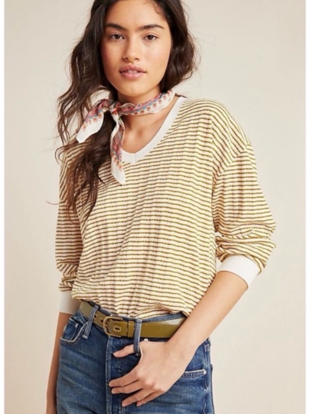 by Anthropologie Hannah Striped V-neck 3/4 Sleeve Boxy Top Size Small